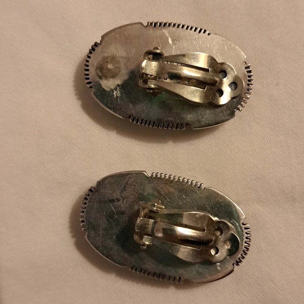 P Sanchez  sterling teal colored turquoise 1 and half approx inch clip earrings - Picture 3 of 4